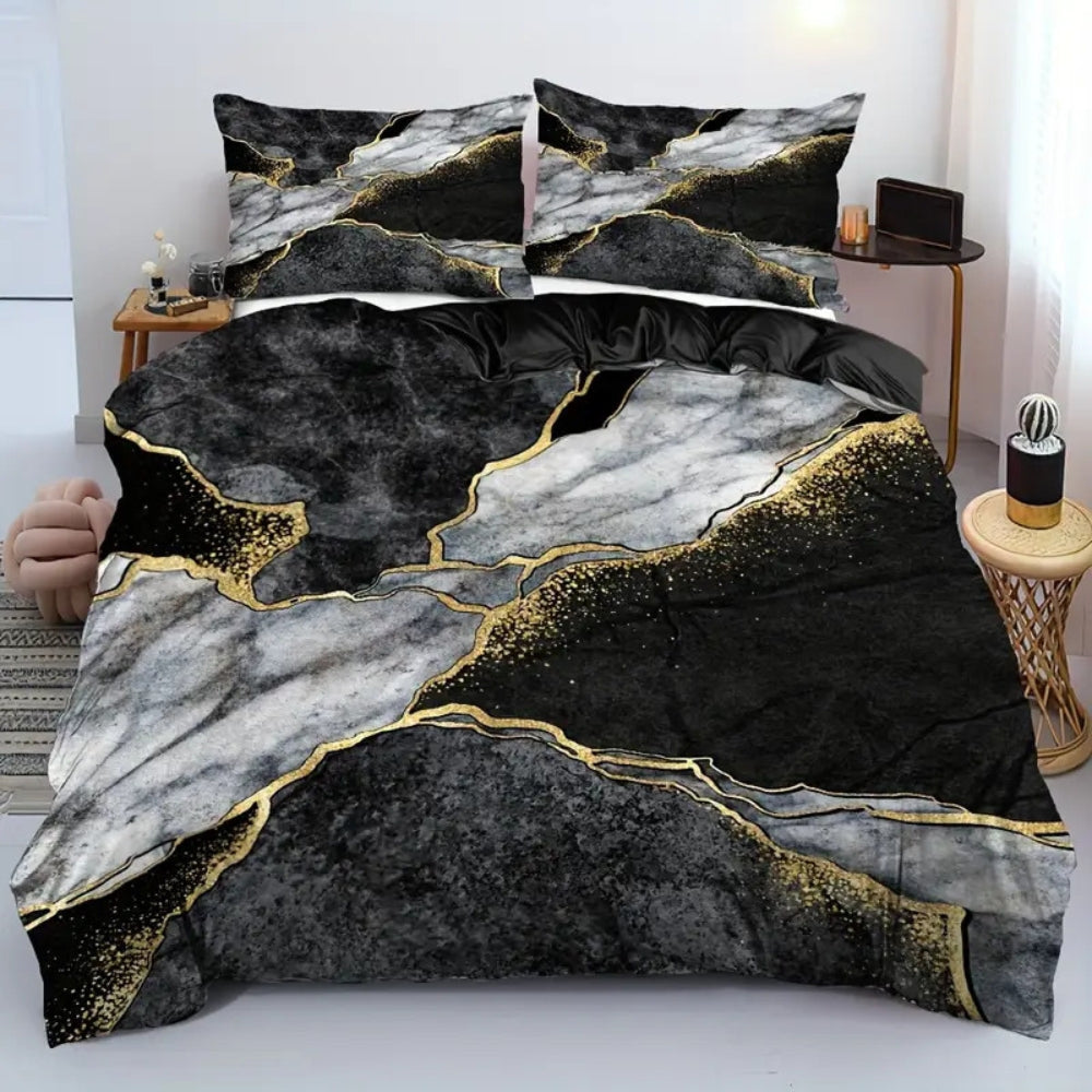 Luxurious Marble-Inspired Quilt Cover Set with Gold Accents – Midnight Black