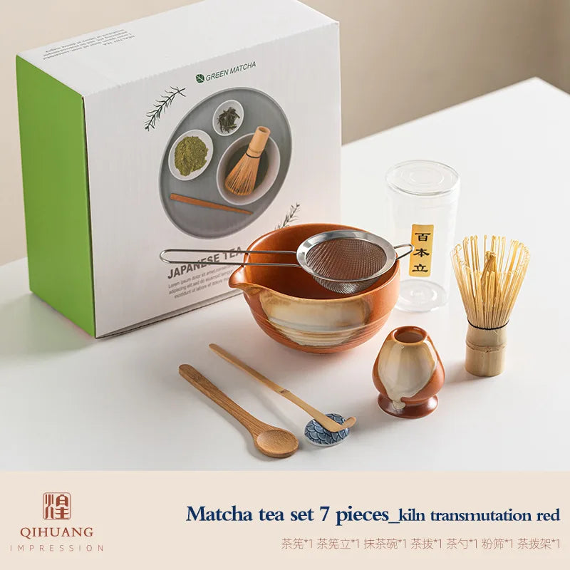 Standard Size 7-Piece Ceramic Matcha Bowl and Whisk Set for Tea Ceremony – 7-piece set F