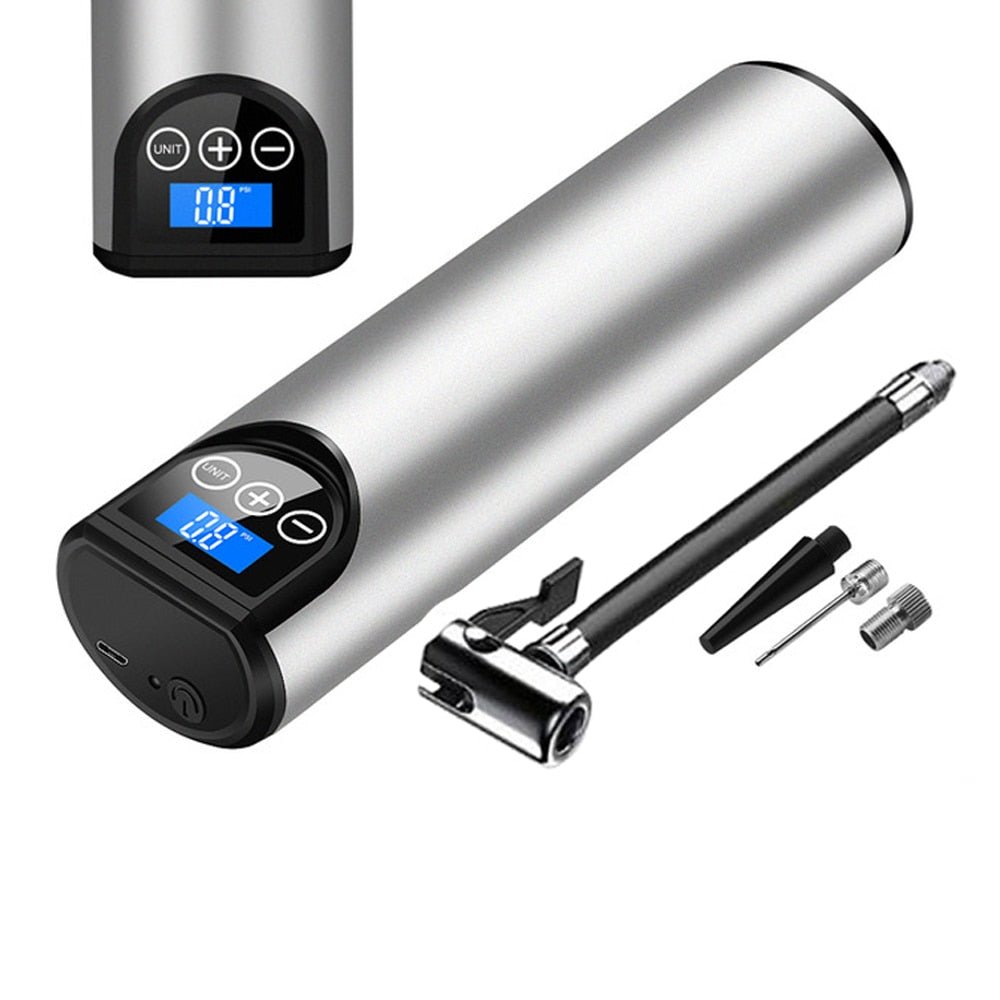 Rechargeable Cordless Air Pump with Digital Screen, 150 PSI for Cars, Bikes, Balls, LED Light – Silver