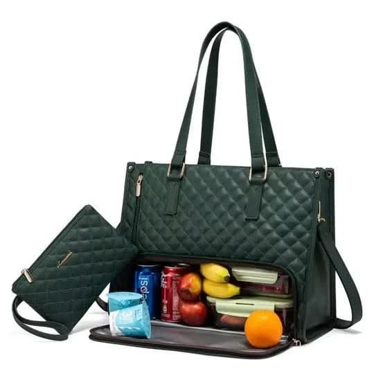 Water-Resistant Women's Quilted Bag with Cooler, Shoulder Strap & Pouch – Green