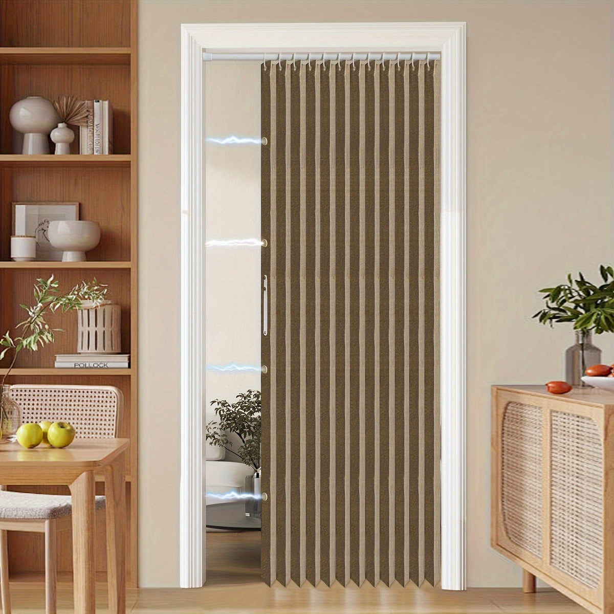 Colorful Magnetic Folding Curtain for Doors – Space-Saving Divider, Washable Polyester – Coffee Color