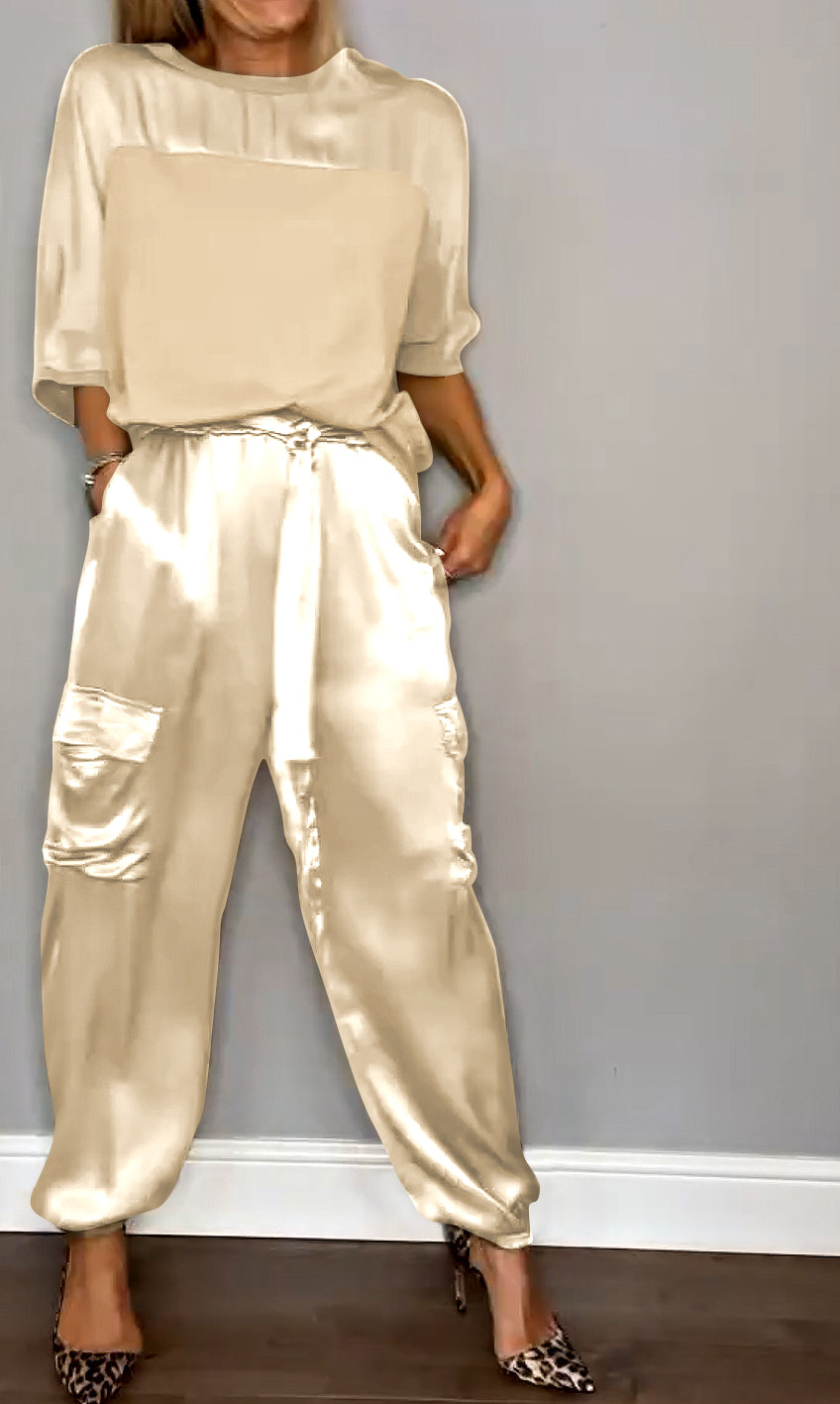 Satin Suit Set with Half Sleeves and Trousers, Two-Piece Outfit – Apricot
