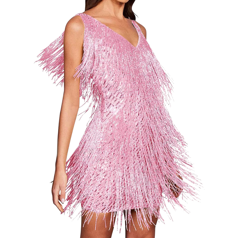 Sequined V-Neck Slip Dress – Pink
