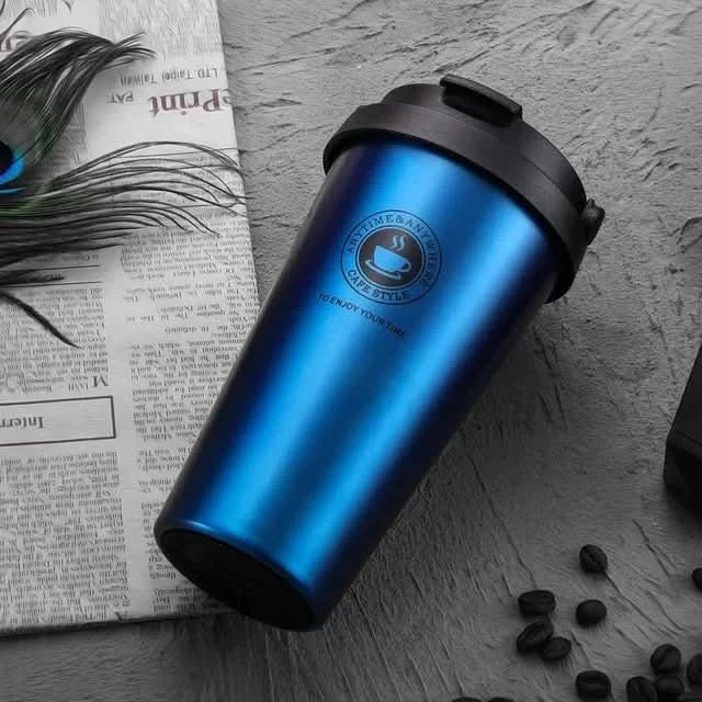 500ml Insulated Stainless Steel Travel Mug with Sliding Lid for Beverages – Dark Blue