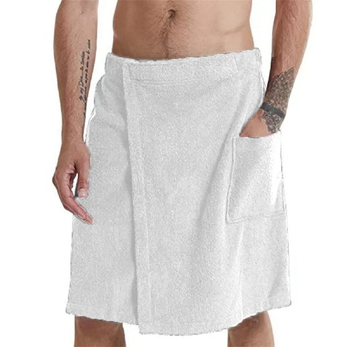 Soft Bath Towel for Men - Shower Wrap with Pocket for Spa, Gym, Beach – White