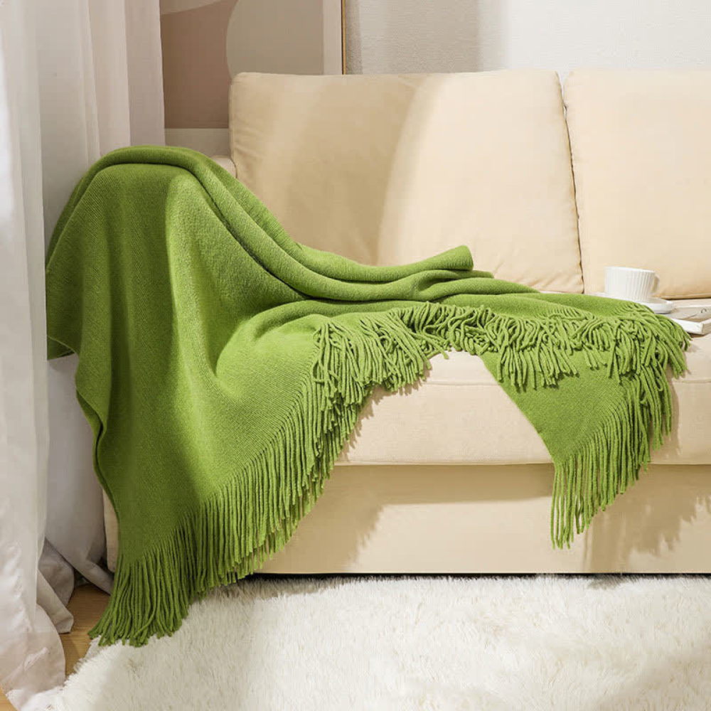 Chic Textured Blanket with Stylish Tassels – Green