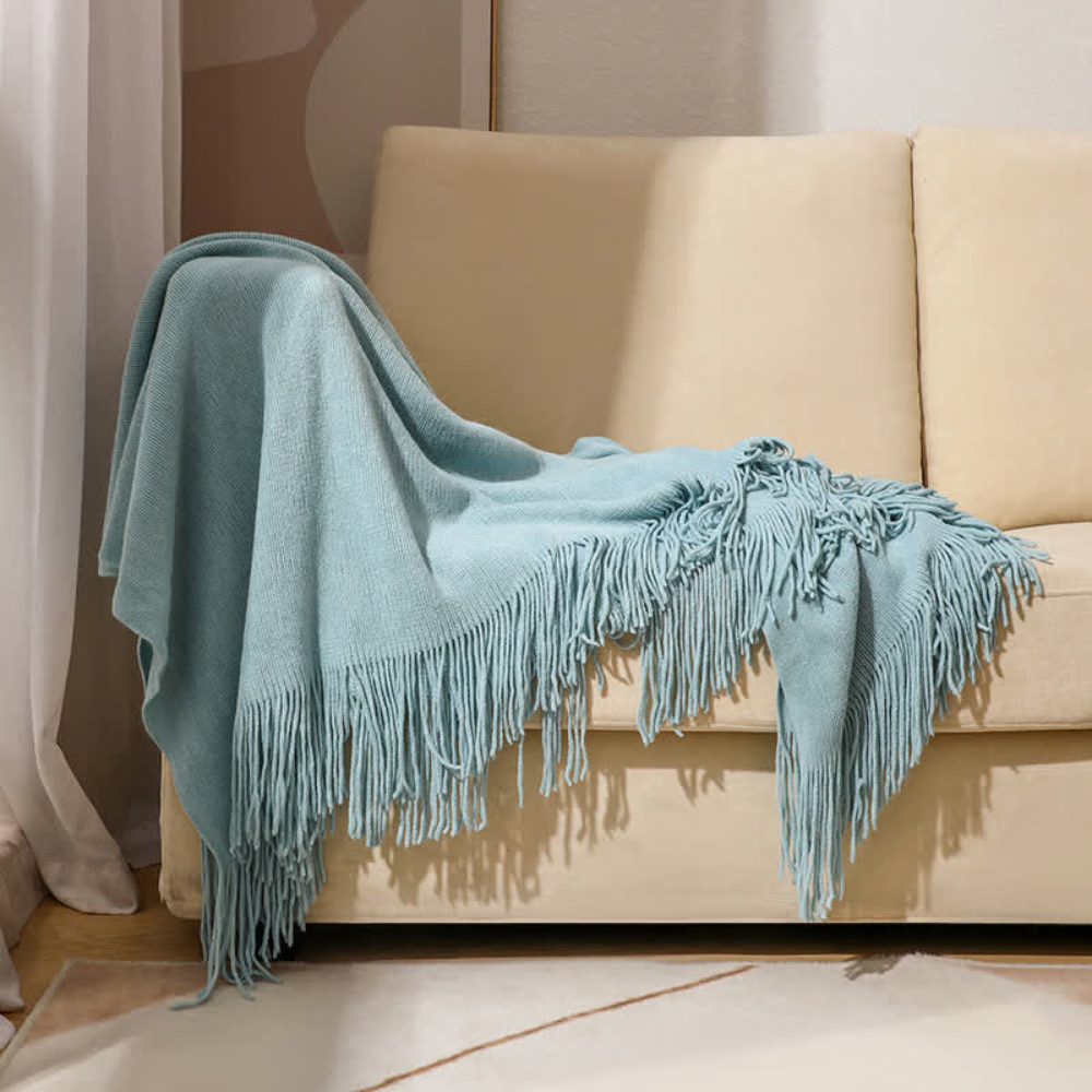 Chic Textured Blanket with Stylish Tassels – Lake Blue