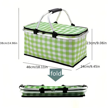 Versatile Insulated Picnic Basket with Foldable Design – Green Plaid