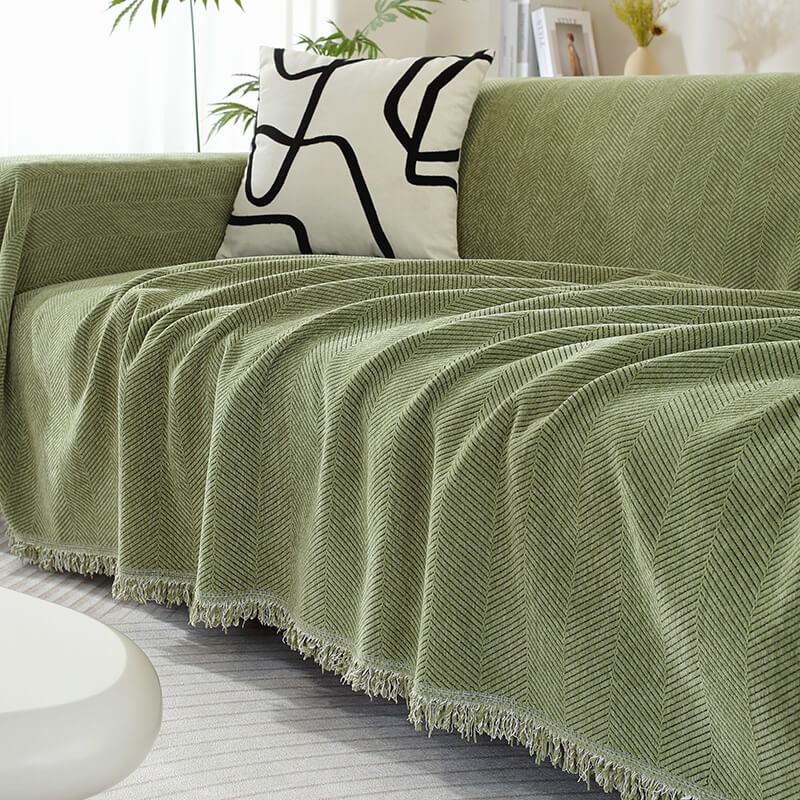 Chenille Herringbone Blanket with Tassels for Sofa – Green