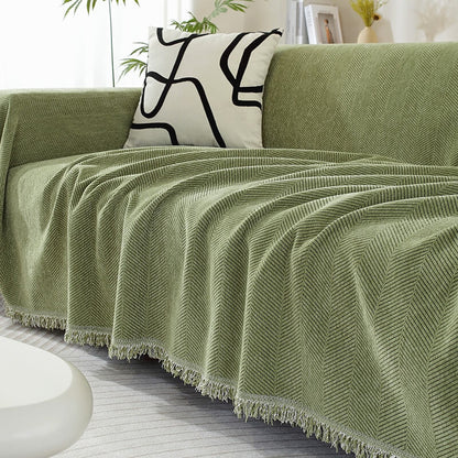 Chenille Herringbone Blanket with Tassels for Sofa – Green