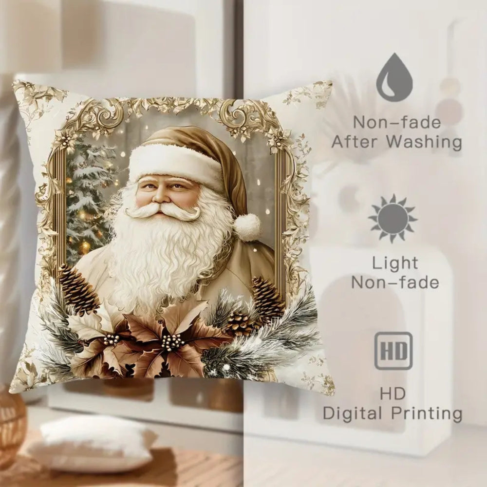 Christmas Cushion Cover with Santa and Deer – Golden Velvet Design