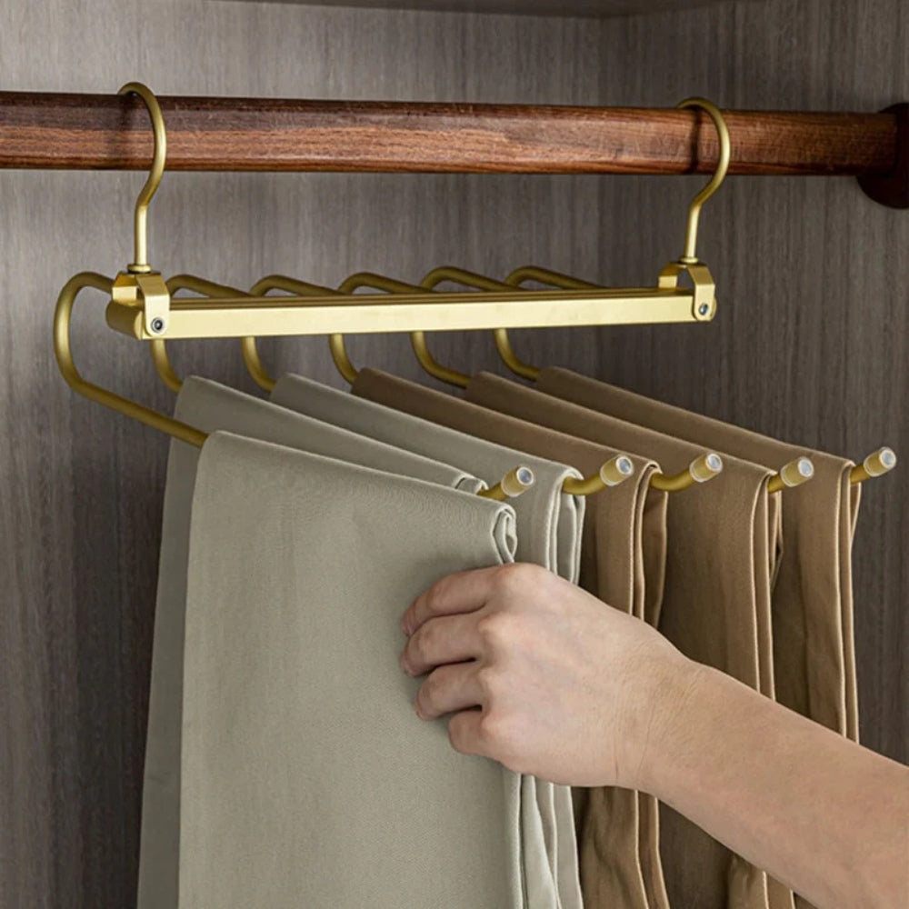 Elegant Space-Saving Trouser Organizer Hanger – Gold