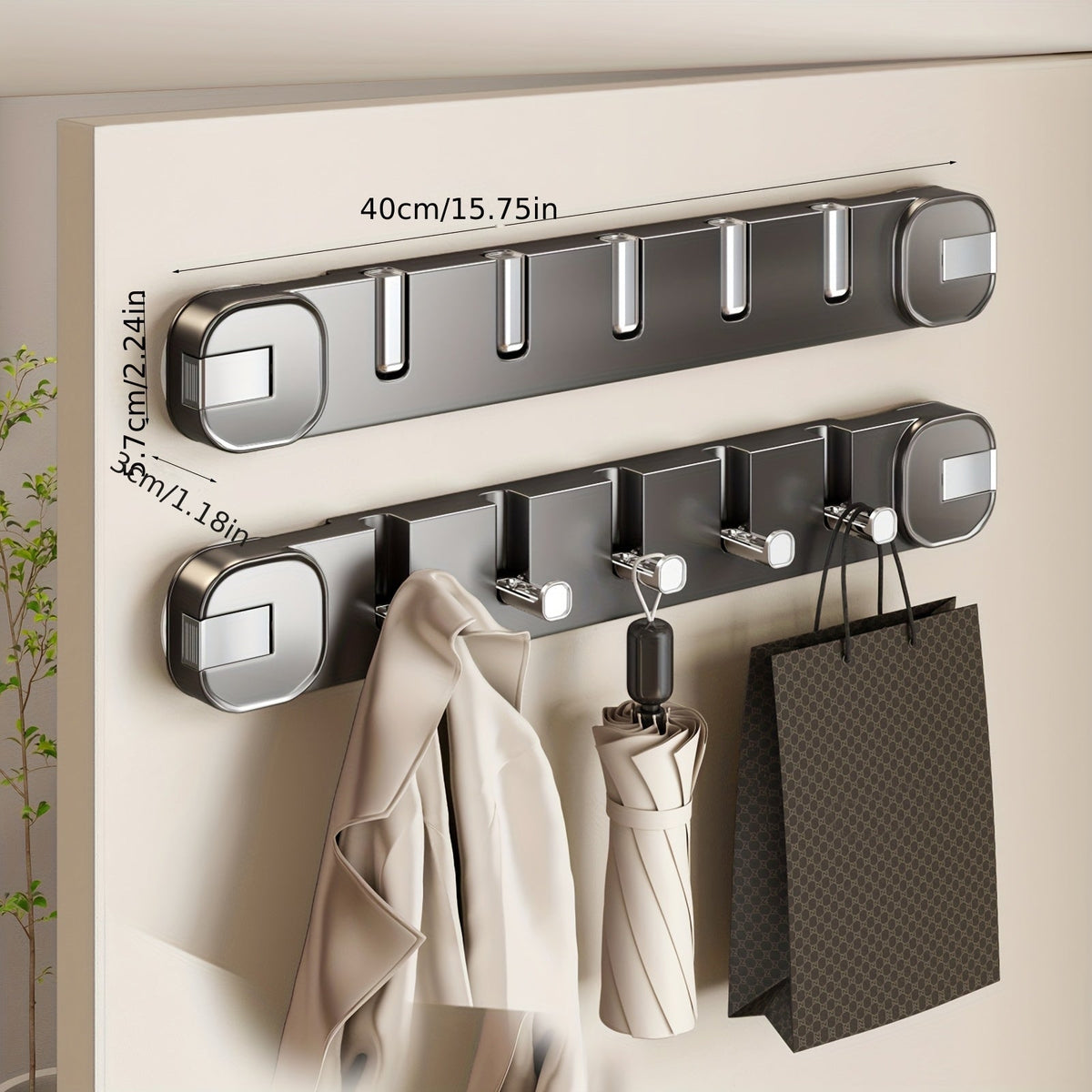 Wall Hook Panel No Drilling – Hidden 5-Hook Organizer Shelf – Gray 5 Hooks - 2 Pieces