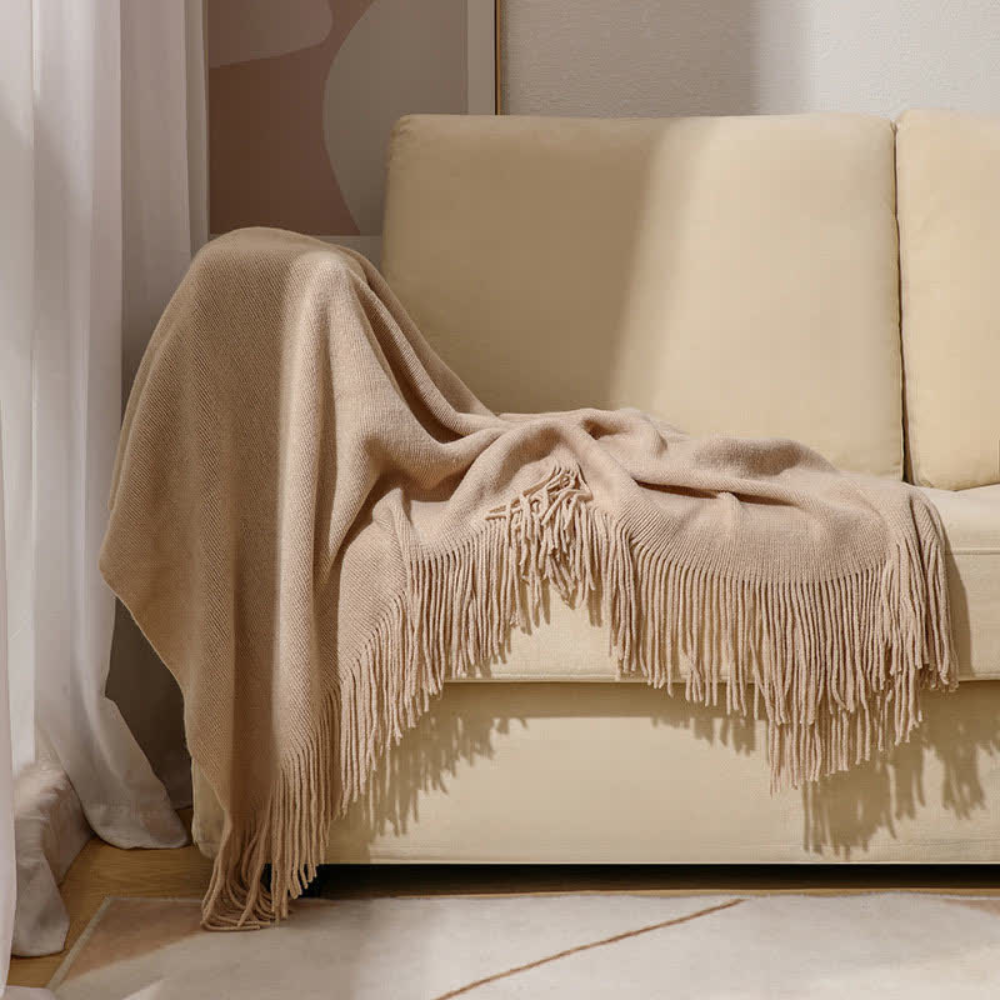 Chic Textured Blanket with Stylish Tassels – Khaki