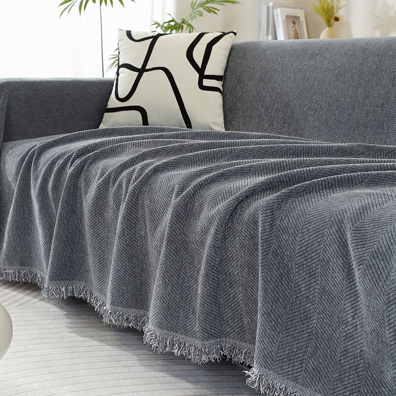 Chenille Herringbone Blanket with Tassels for Sofa – Gray