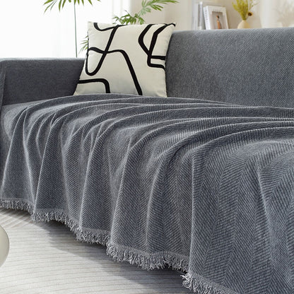 Chenille Herringbone Blanket with Tassels for Sofa – Gray