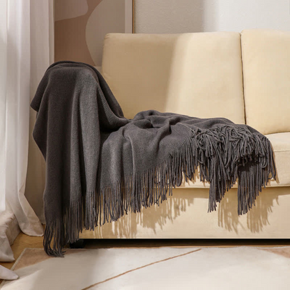 Chic Textured Blanket with Stylish Tassels – Black