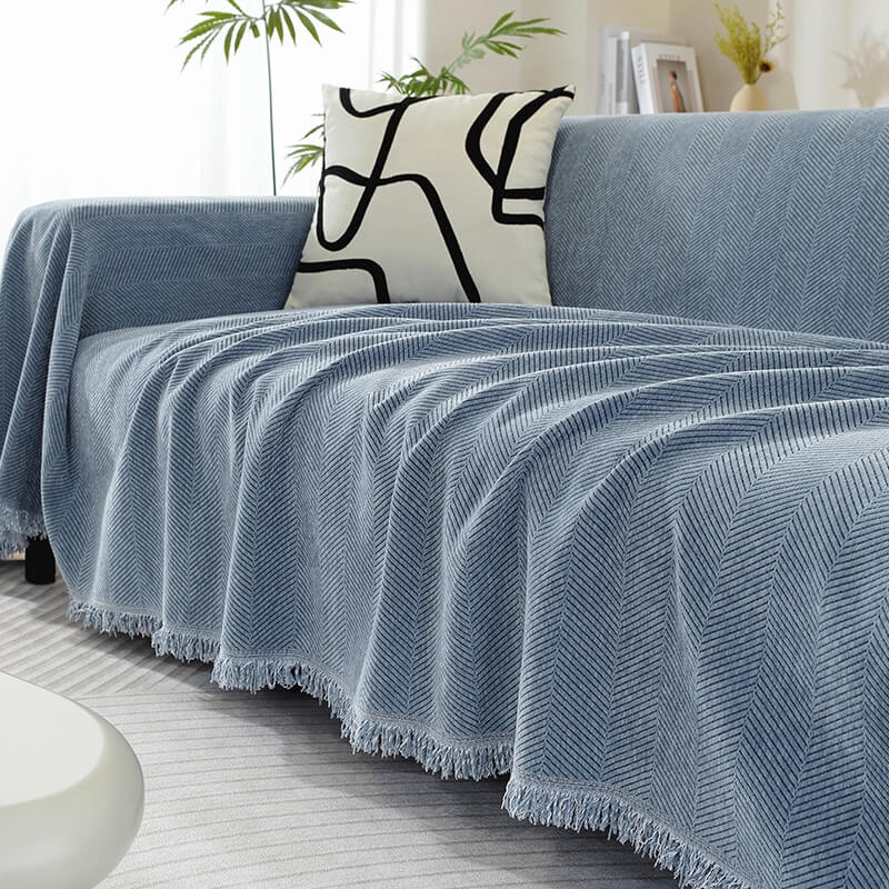 Chenille Herringbone Blanket with Tassels for Sofa – Blue