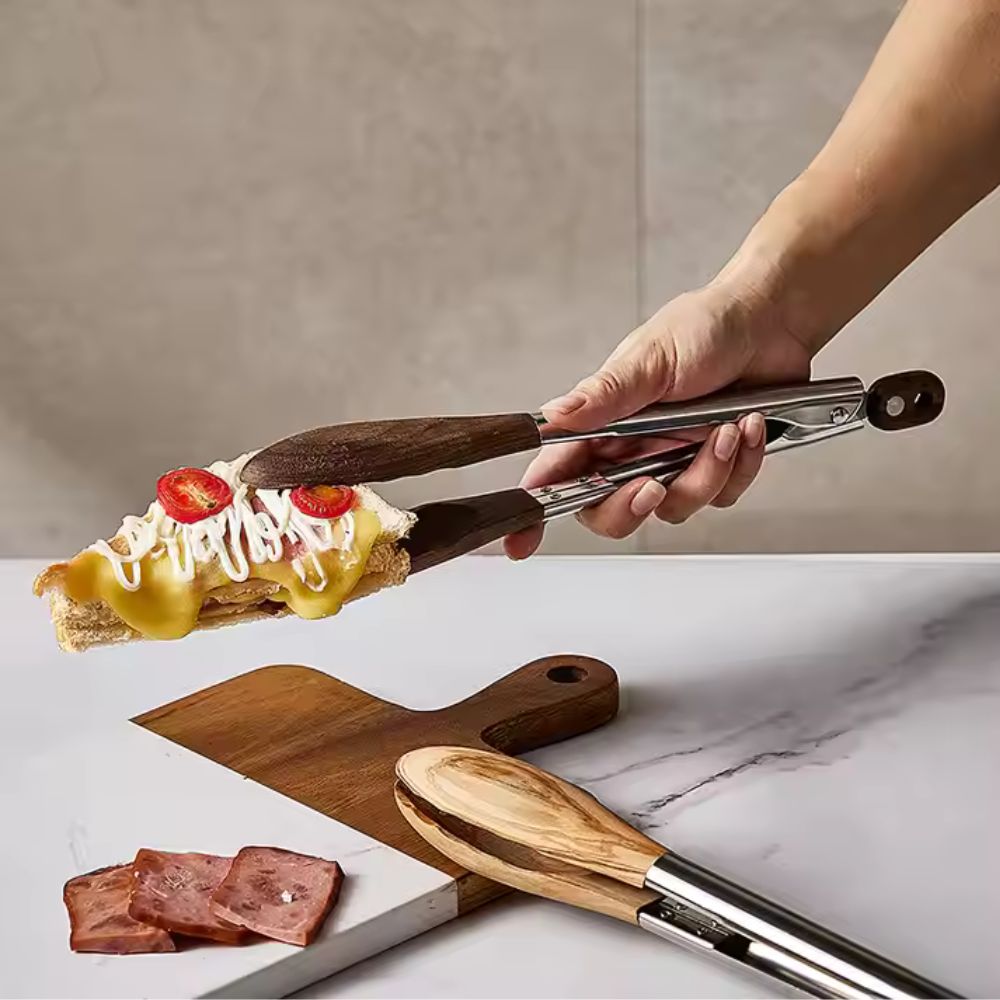 Artisan Wood & Steel Kitchen Tongs