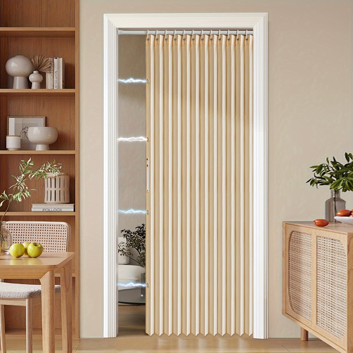 Colorful Magnetic Folding Curtain for Doors – Space-Saving Divider, Washable Polyester – Beige Color