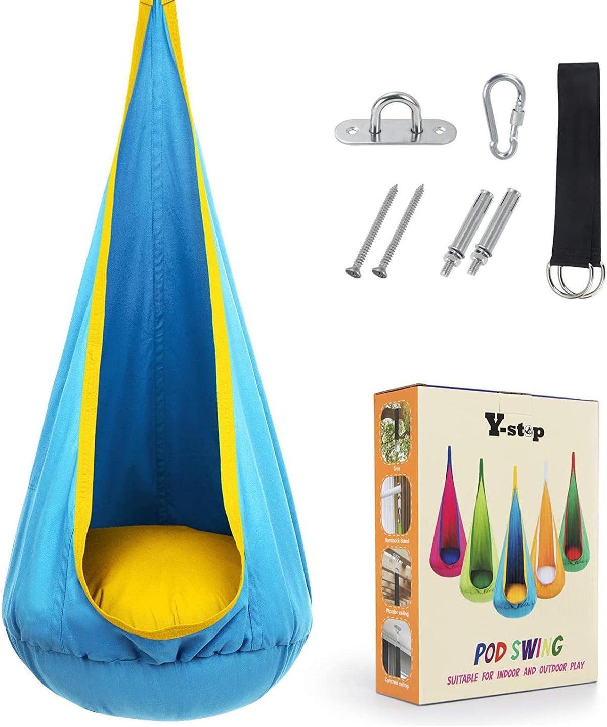 Hanging Chair in Cotton Blend - Comfortable & Versatile for Indoor & Outdoor – Blue/Yellow