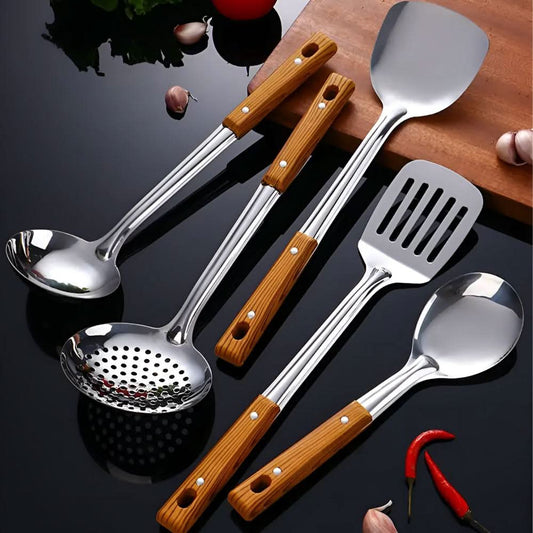Stainless Steel Kitchen Utensil Set with Wooden Handles – Durable Helper