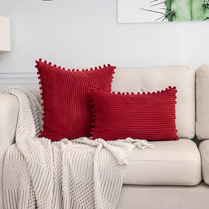 Cozy Textured Throw Pillow Cover with Fun Accents – Red