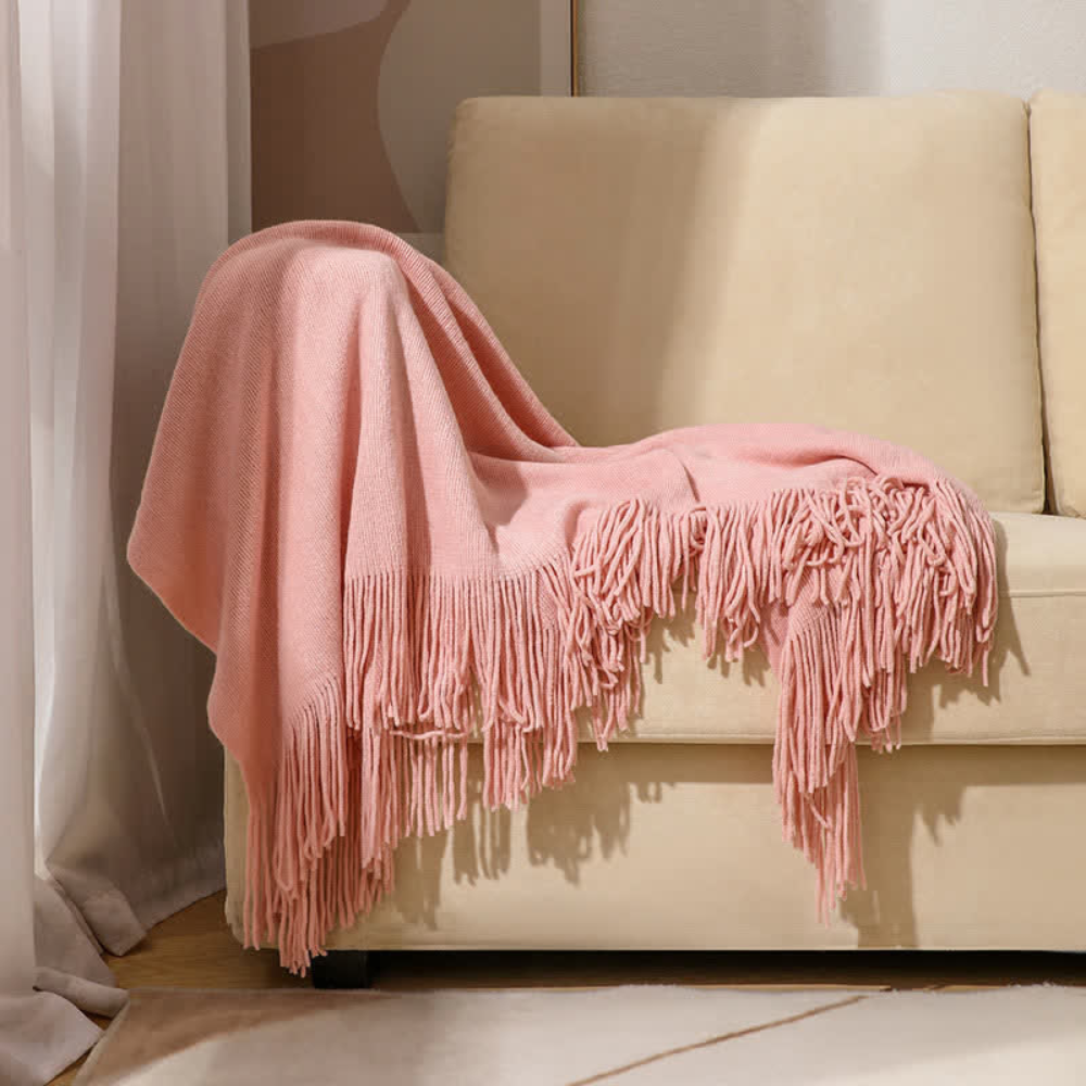Chic Textured Blanket with Stylish Tassels – Pink