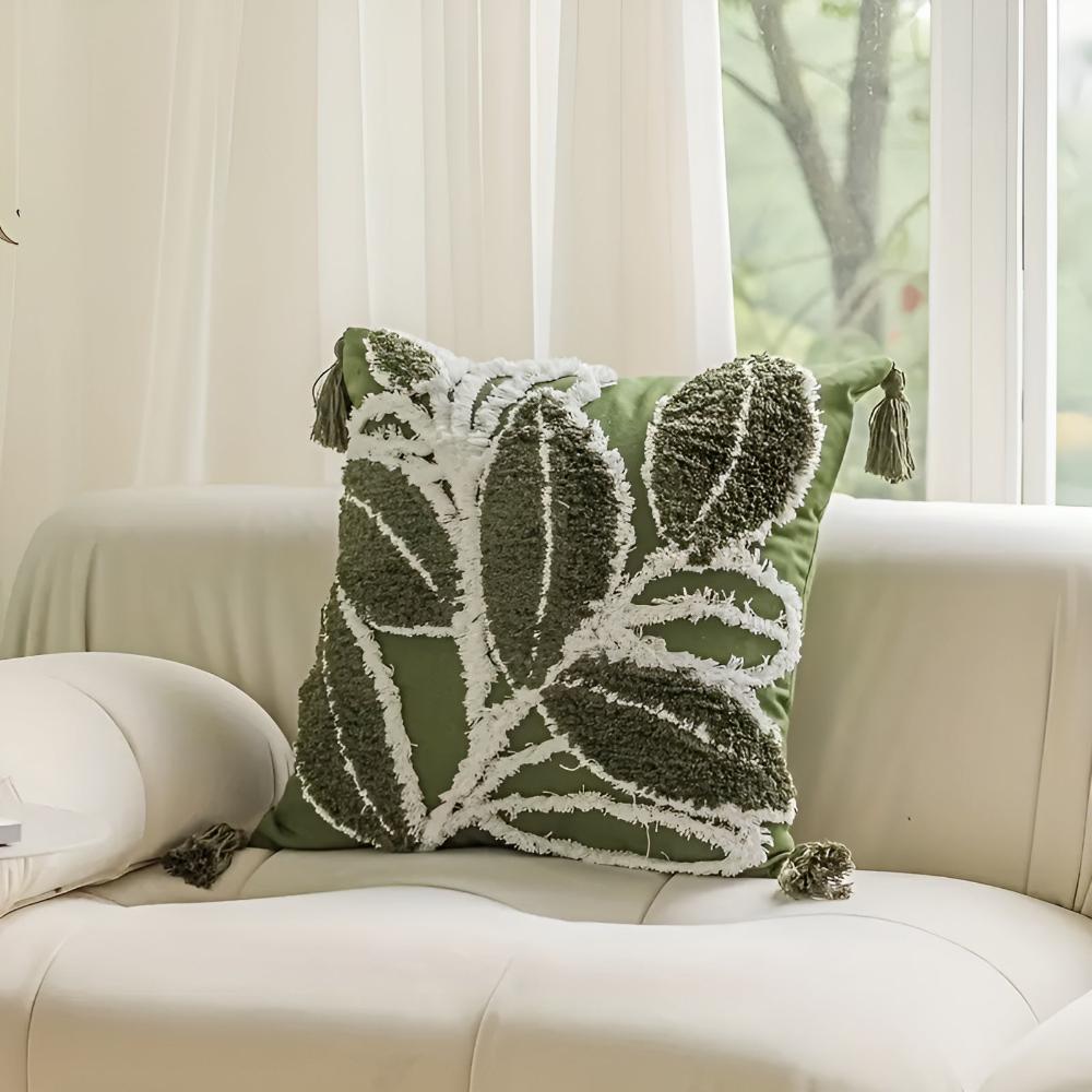 Nature-Inspired Leaf Design Cushion Cover – Forest Green