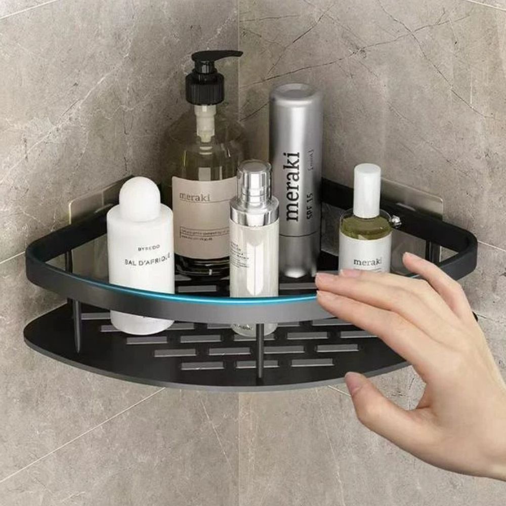 Curved Shower Storage Basket in Aluminum – Black