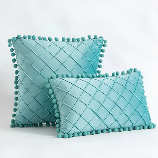 Chic Velvet Cushion Cover with Decorative Pom Poms – Aqua Blue