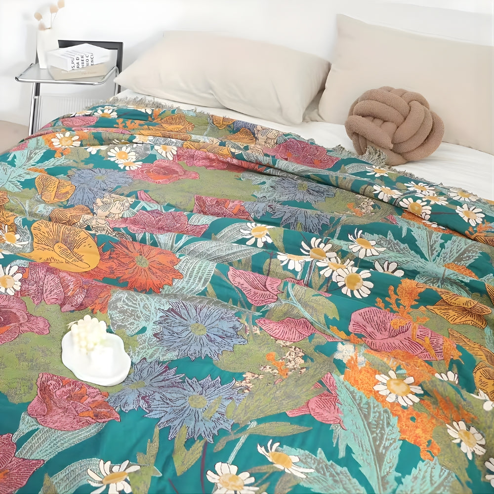 Vibrant Patchwork Cotton Throw with Fringe Accents
