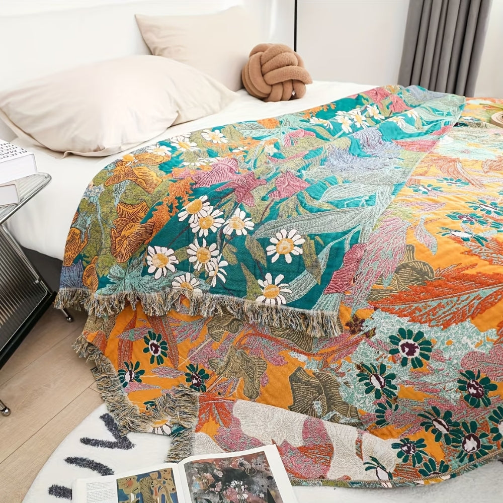 Vibrant Patchwork Cotton Throw with Fringe Accents