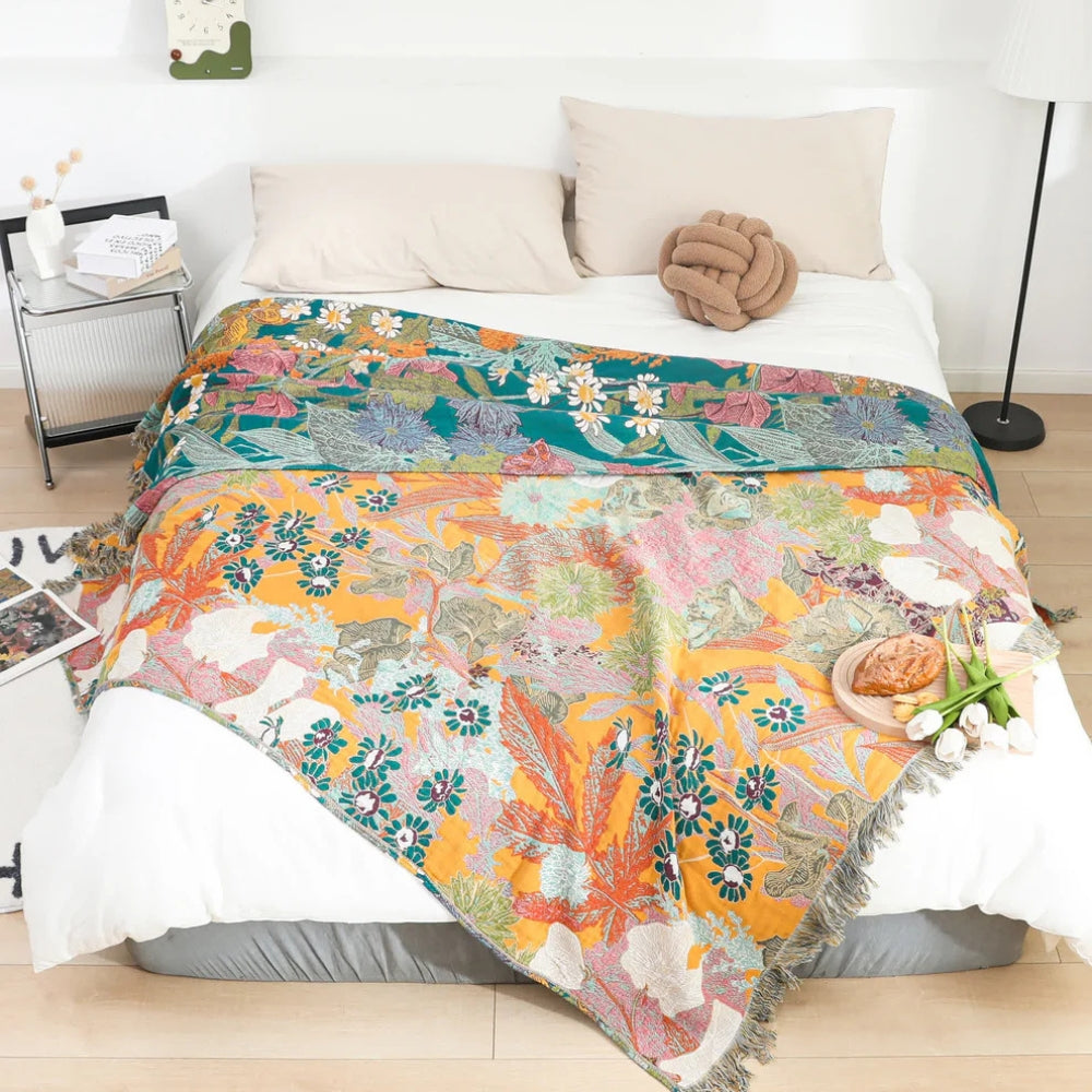 Vibrant Patchwork Cotton Throw with Fringe Accents