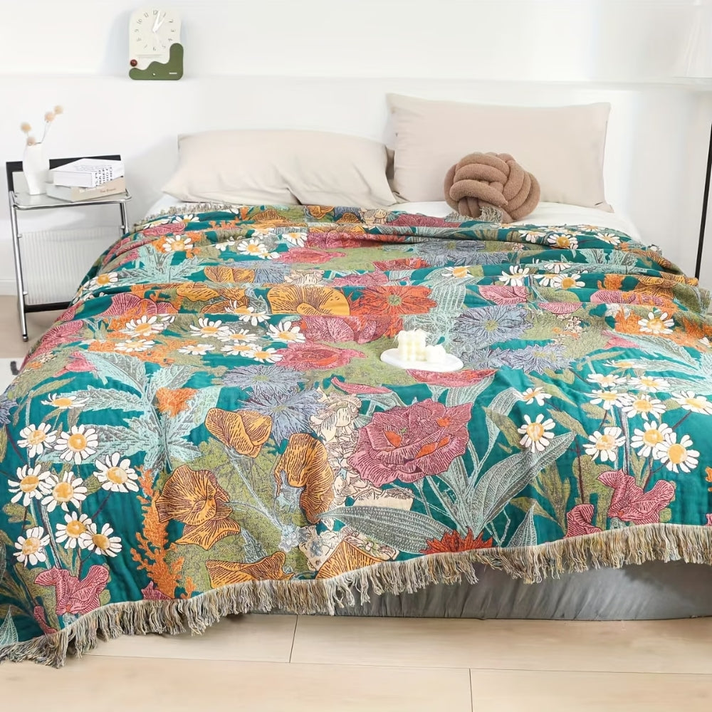 Vibrant Patchwork Cotton Throw with Fringe Accents