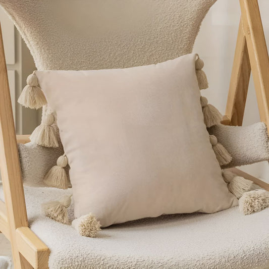 Chic Velvet Tassel Cushion Cover for Stylish Interiors – Beige