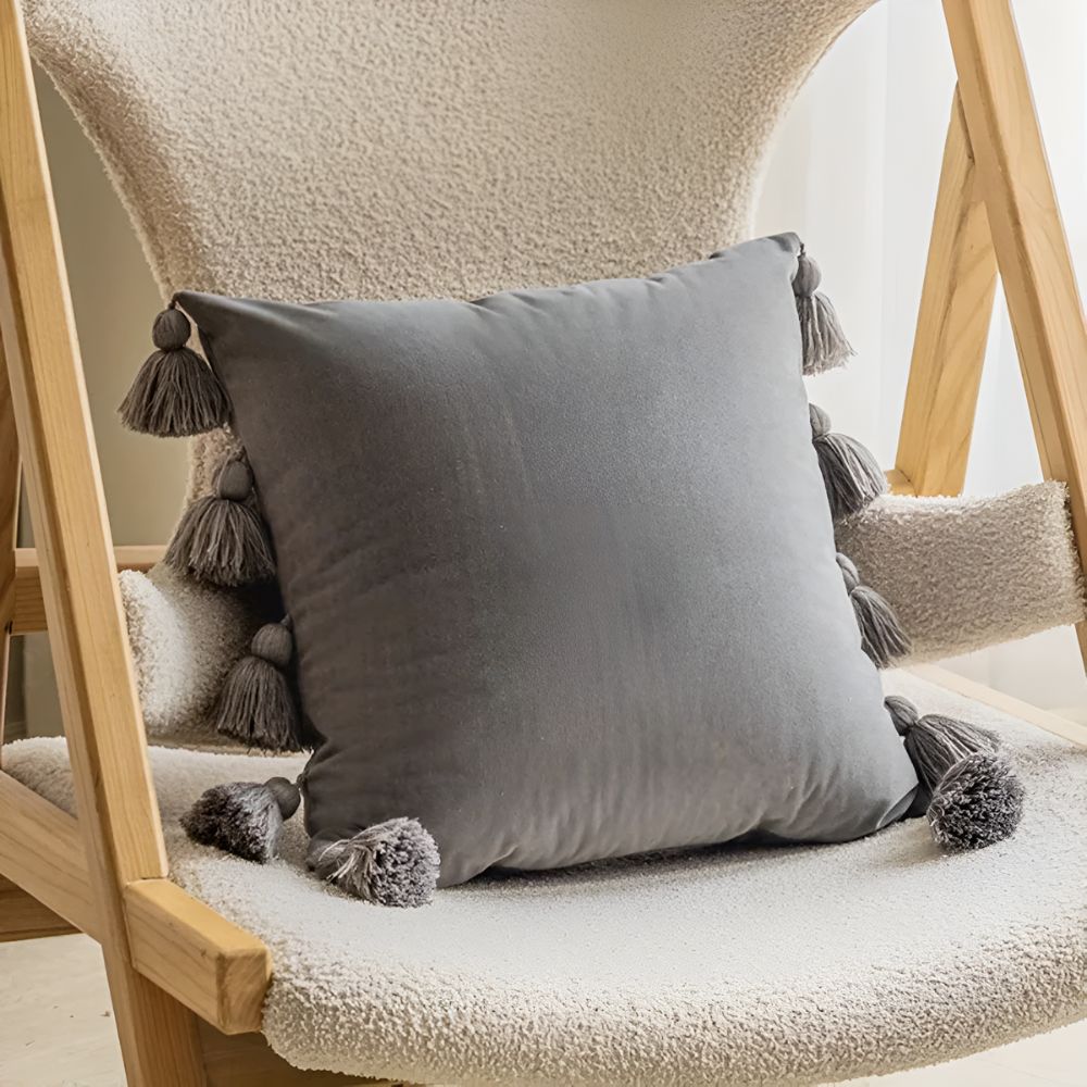 Chic Velvet Tassel Cushion Cover for Stylish Interiors – Grey
