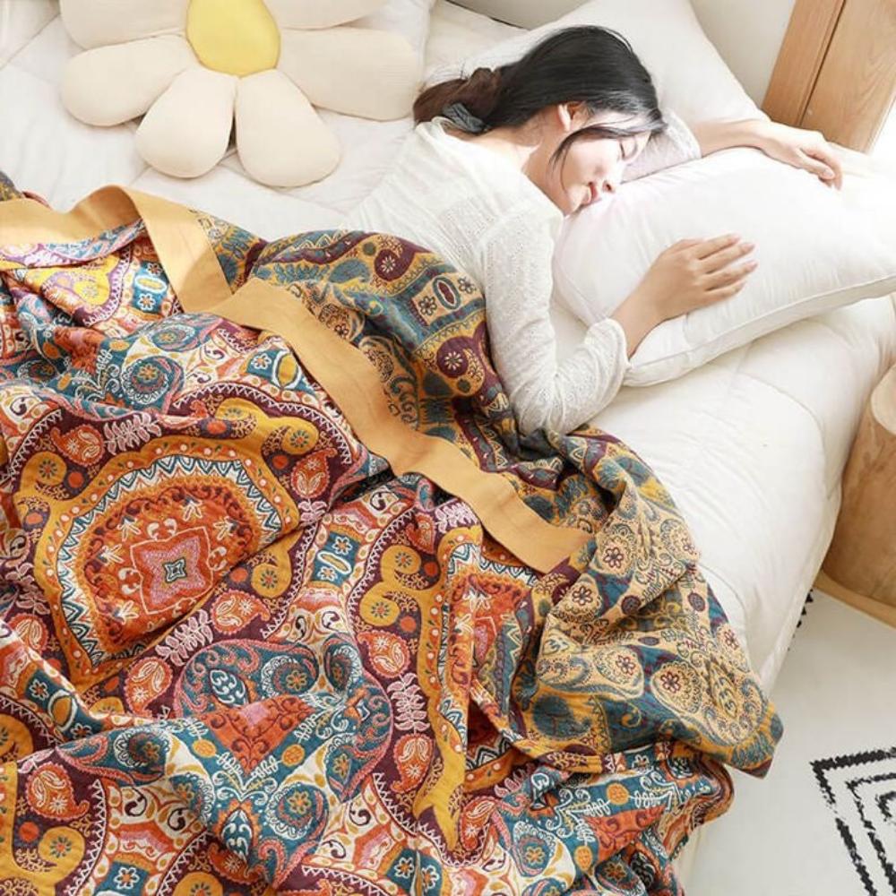 Bohemian Style Reversible Throw Blanket for Sofa and Bed Decor