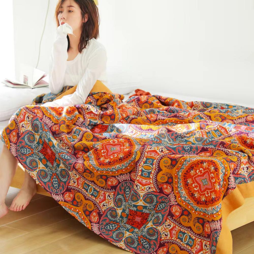 Bohemian Style Reversible Throw Blanket for Sofa and Bed Decor
