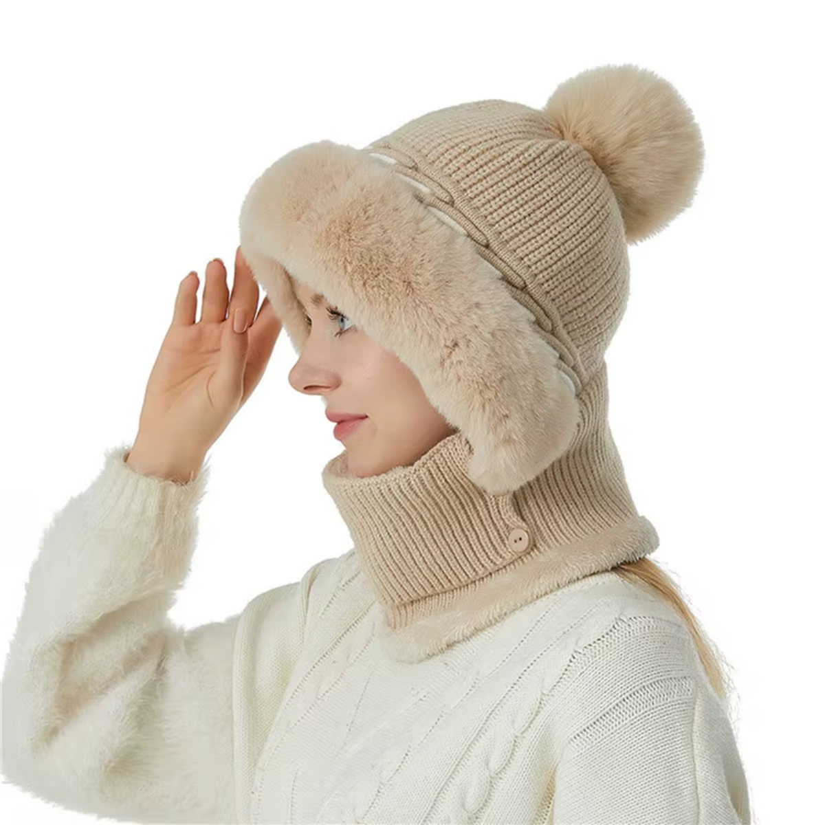 2-in-1 Fleece Scarf and Hat Set – Soft and Cozy Warmth – Light brown