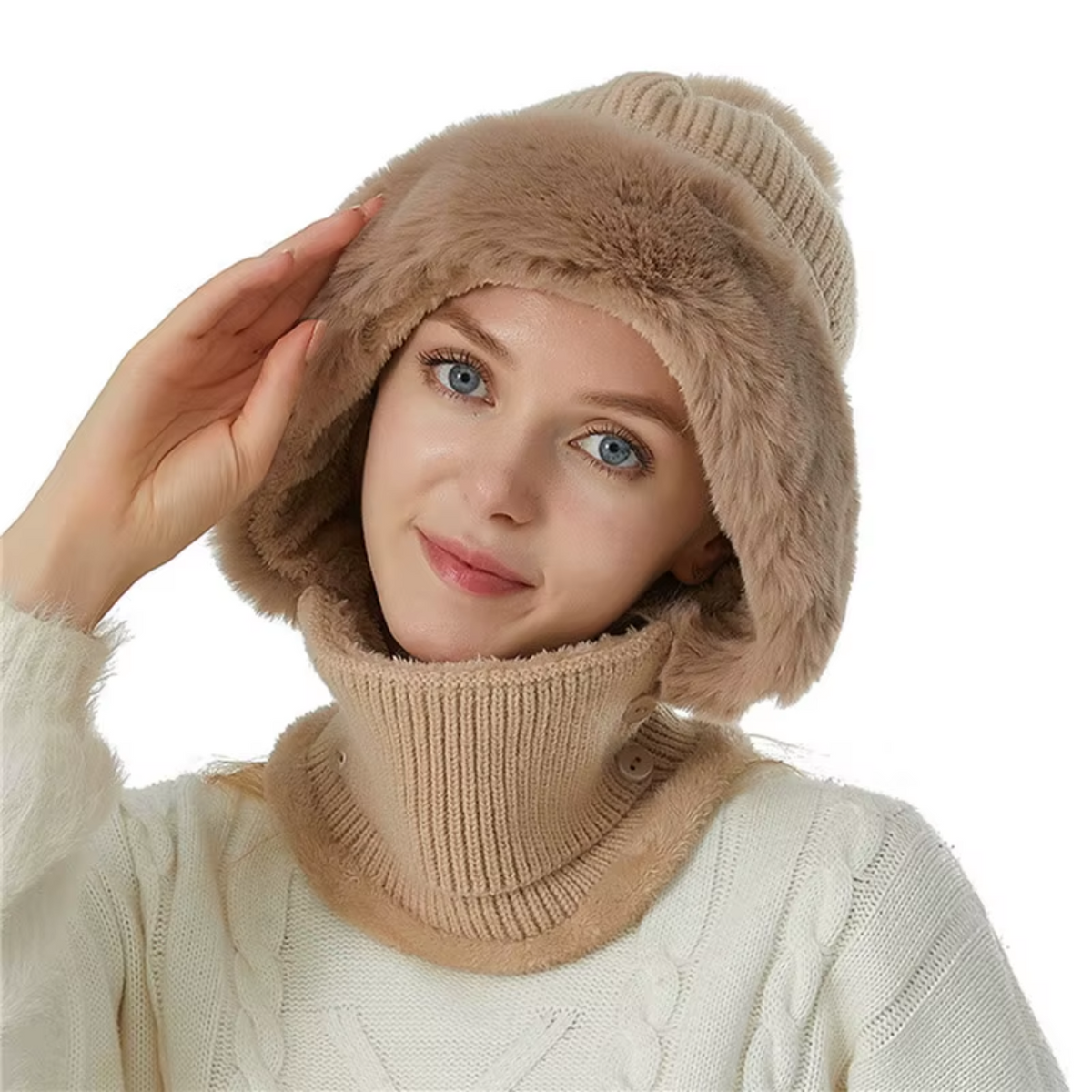 2-in-1 Fleece Scarf and Hat Set – Soft and Cozy Warmth – Khaki
