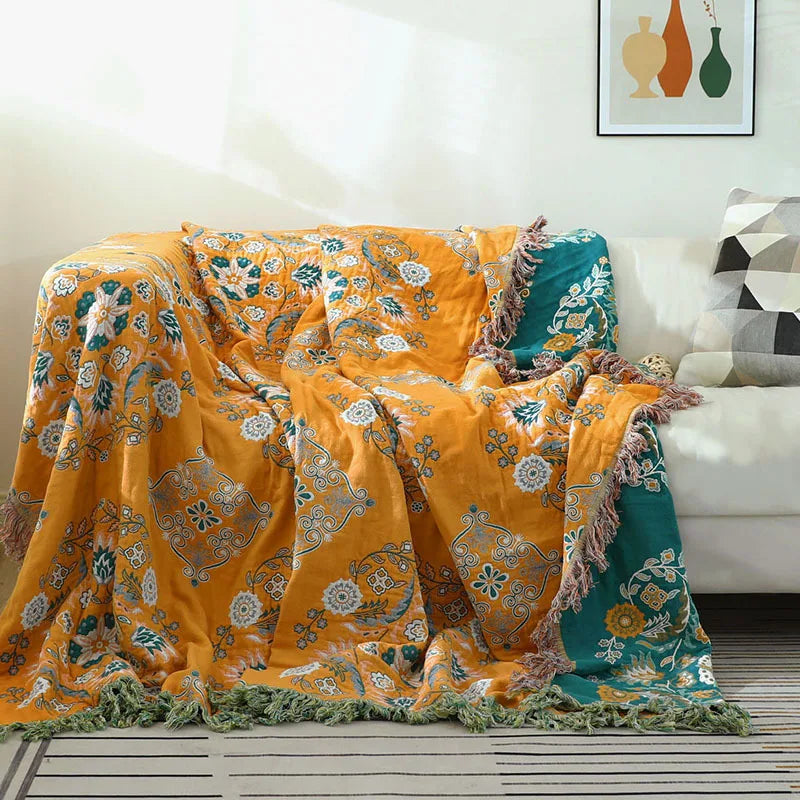 Cozy Luxury Cotton Rug in Boho Jacquard Design – Versatile Comfort – Yellow
