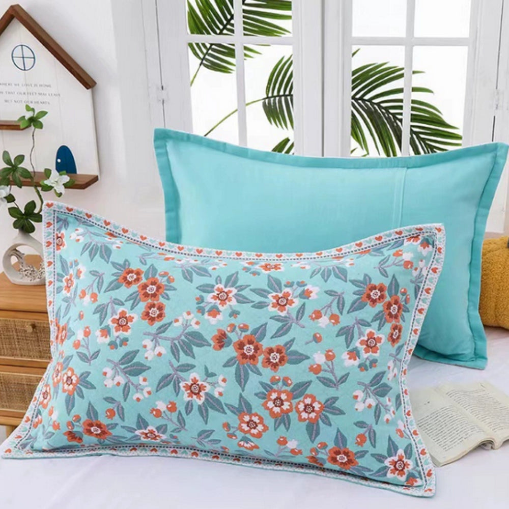 Charming Floral Design Cotton Pillowcases – Aqua Bloom