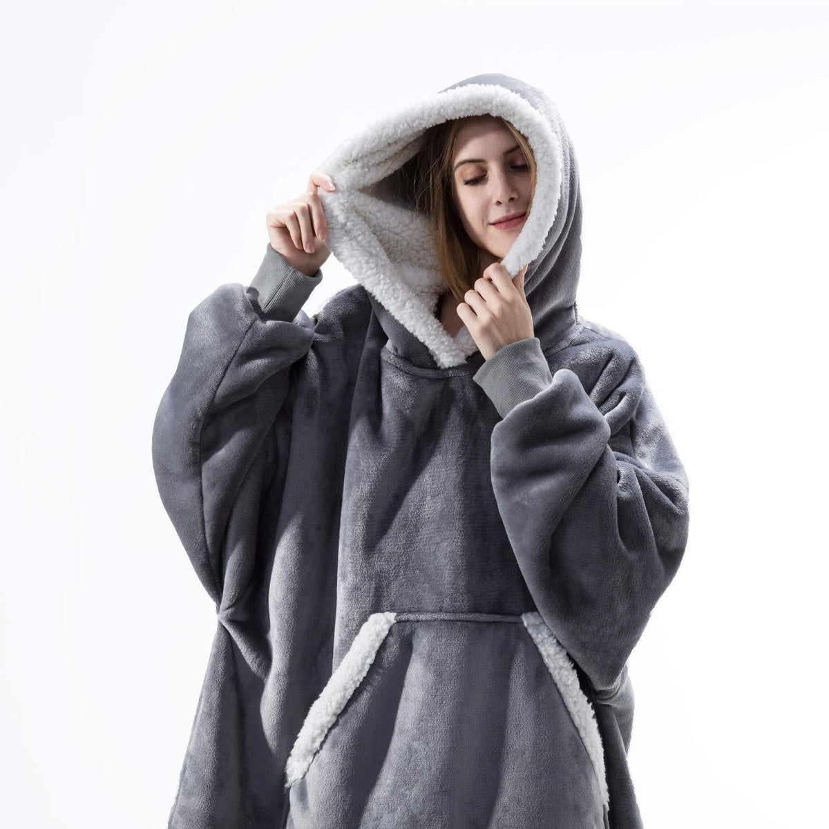 Soft Fleece and Wool Hooded Blanket for Home Comfort and Warmth – Gray