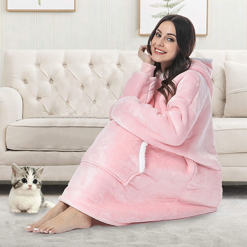 Soft Fleece and Wool Hooded Blanket for Home Comfort and Warmth – Pink