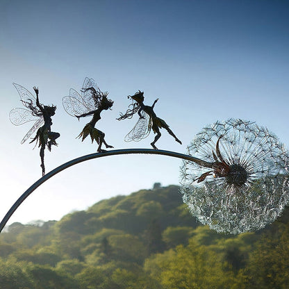 Outdoor Garden Sculpture of Fairies and Dandelions Dancing Together