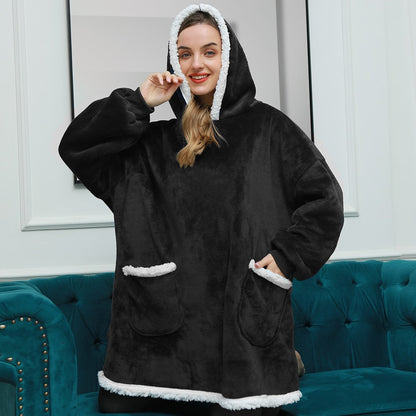Soft Fleece and Wool Hooded Blanket for Home Comfort and Warmth – Black