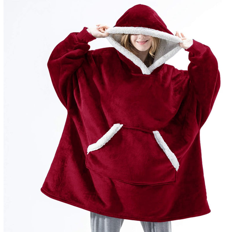 Soft Fleece and Wool Hooded Blanket for Home Comfort and Warmth – Red
