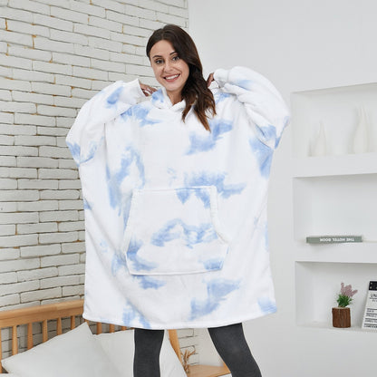 Soft Fleece and Wool Hooded Blanket for Home Comfort and Warmth – Washed White & Blue