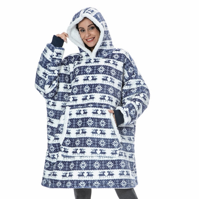 Soft Fleece and Wool Hooded Blanket for Home Comfort and Warmth – Blue Deer